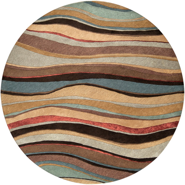Artist Studio ART-229 Modern NZ Wool, Viscose Rug ART229-8RD Camel, Rust, Beige, Light Gray, Tan, Mustard, Teal, Dark Brown 90% NZ Wool, 10% Viscose 8' Round