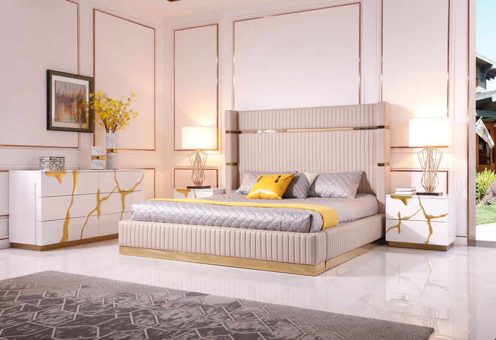 VIG Furniture Modrest Sterling - Queen Modern Beige + Gold Bed + Nightstands VGVCBD1901-BEI-BED-2NS-SET-Q