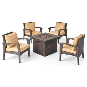 Keana Outdoor 4 Club Chair Chat Set with Fire Pit, Brown and Tan Noble House