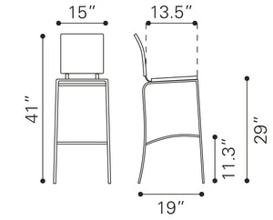Zuo Modern Criss 100% Polyurethane, Steel Modern Commercial Grade Barstool Set - Set of 2 Espresso, Chrome 100% Polyurethane, Steel