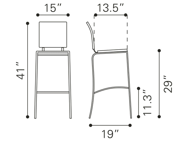 Zuo Modern Criss 100% Polyurethane, Steel Modern Commercial Grade Barstool Set - Set of 2 Espresso, Chrome 100% Polyurethane, Steel
