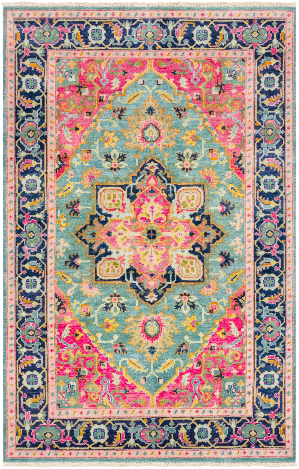 Antique ATQ-1015 Traditional NZ Wool, Viscose Rug ATQ1015-5686 Teal, Bright Pink, Navy, Seafoam, Peach, Tan, Saffron, Aqua 90% NZ Wool, 10% Viscose 5'6" x 8'6"