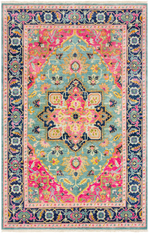 Antique ATQ-1015 Traditional NZ Wool, Viscose Rug ATQ1015-5686 Teal, Bright Pink, Navy, Seafoam, Peach, Tan, Saffron, Aqua 90% NZ Wool, 10% Viscose 5'6" x 8'6"