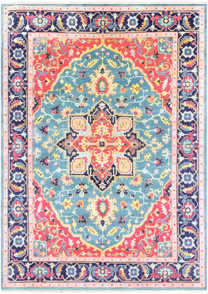 Antique ATQ-1015 Traditional NZ Wool, Viscose Rug ATQ1015-811 Teal, Bright Pink, Navy, Seafoam, Peach, Tan, Saffron, Aqua 90% NZ Wool, 10% Viscose 8' x 11'