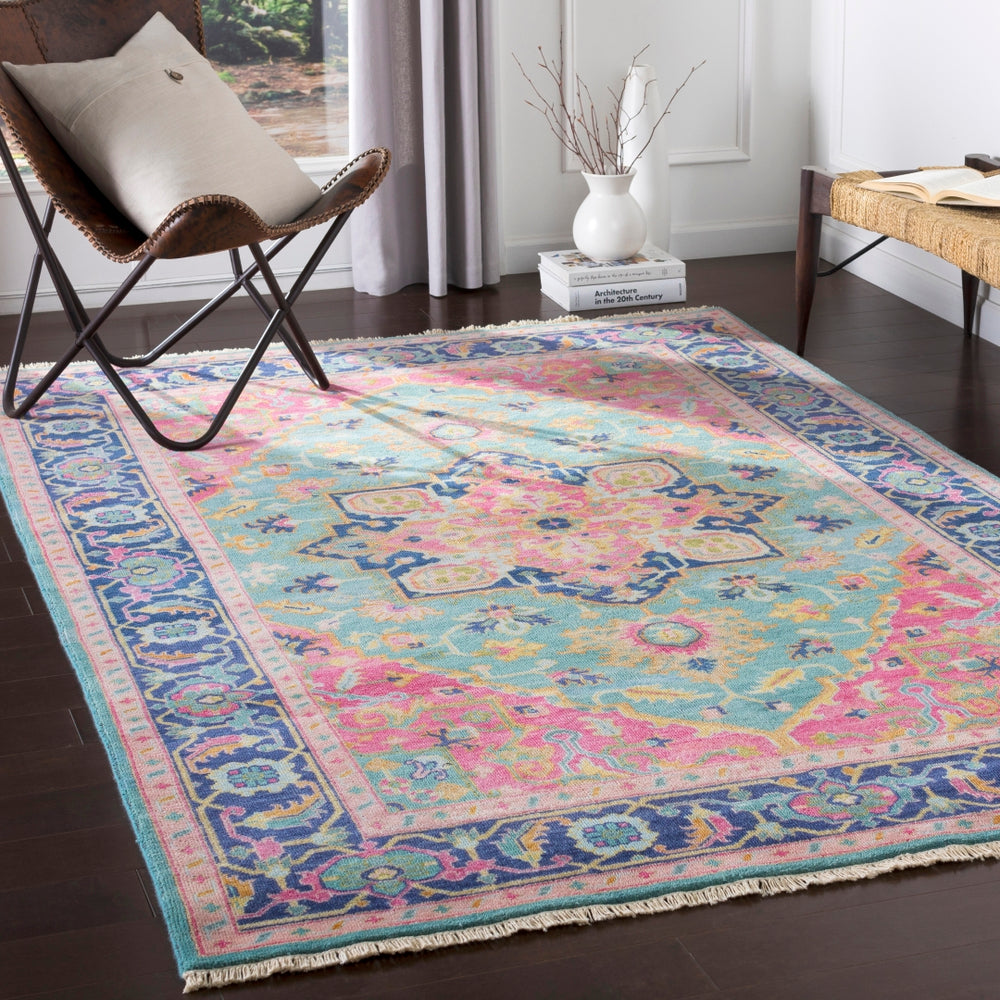 Antique ATQ-1015 Traditional NZ Wool, Viscose Rug ATQ1015-5686 Teal, Bright Pink, Navy, Seafoam, Peach, Tan, Saffron, Aqua 90% NZ Wool, 10% Viscose 5'6" x 8'6"
