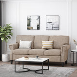 Burkehaven Contemporary Fabric 3 Seater Sofa with Nailhead Trim, Sand and Dark Brown Noble House