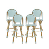 Noble House Shelton Outdoor French Wicker and Aluminum 29.5 Inch Barstools (Set of 4), Light Teal and Bamboo Finish