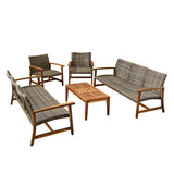 Hampton Outdoor 5 Piece Wood and Wicker Sofa Chat Set, Gray Noble House