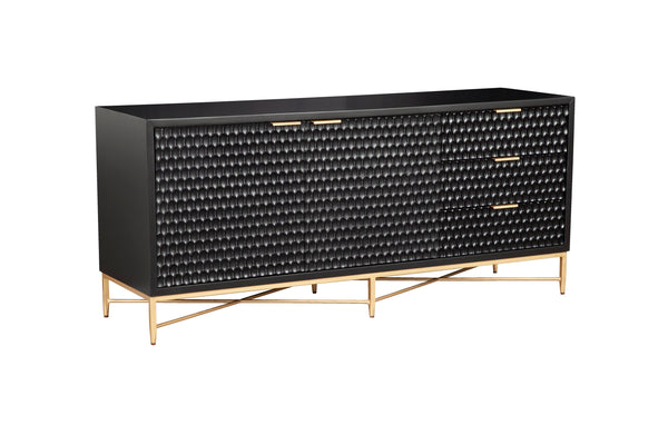 Black Pearl Media Console - Stylish Storage with Textured Fronts, Gold Accents & Mahogany Finish