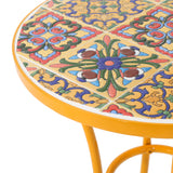 Barnsfield Outdoor Yellow Ceramic Tile Side Table with Iron Frame Noble House