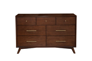 Alpine Furniture Flynn Mid Century Modern 7 Drawer Dresser, Walnut 966WAL-03 Walnut Mahogany Solids & Okoume Veneer 56 x 19 x 36.5