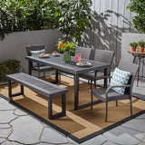 Noble House Nestor Outdoor 6-Seater Aluminum Dining Set with Wicker Chairs and Bench, Sandblast Dark Gray and Gray