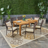 Noble House Davenport Outdoor 7 Piece Wood and Wicker Expandable Dining Set, Natural and Brown and Crème
