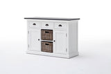 Halifax Contrast Buffet with 2 Baskets in White-Black Top semi-gloss paint with a smooth top coat. Solid Mahogany, Composite wood