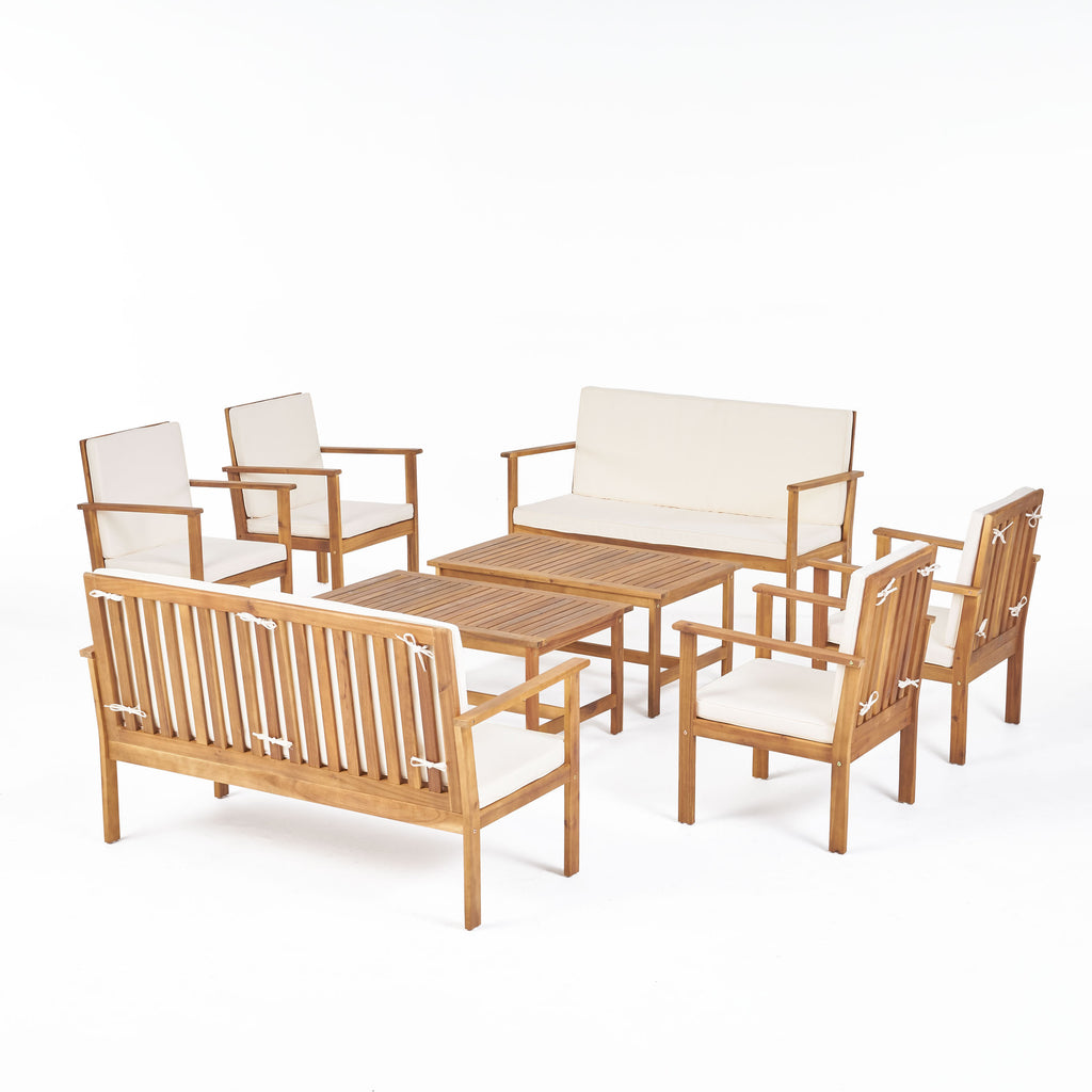 Noble House Luciano Outdoor Modern Acacia Wood 8 Seater Chat Set with Cushions, Brown Patina and Cream