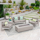 Aviara Outdoor 4-Seater Aluminum Chat Set with Fire Pit and Tank Holder, Silver with Khaki and Light Gray Noble House