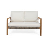 Noble House Meriwether Wood and Wicker Loveseat, Teak, Gray and Beige