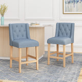 Noble House Landria Button Tufted Fabric Wingback Counterstool (Set of 2), Light Blue and Natural