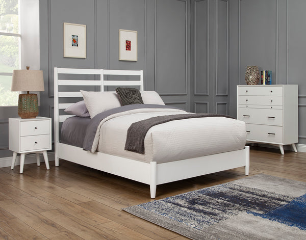 Alpine Furniture Flynn Retro Queen Bed, w/ Slat Back Headboard, White 1066-W-21Q White Mahogany Solids & Okoume Veneer 64.5 x 86 x 52