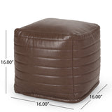 Baddow Contemporary Faux Leather Channel Stitch Cube Pouf, Brown Noble House