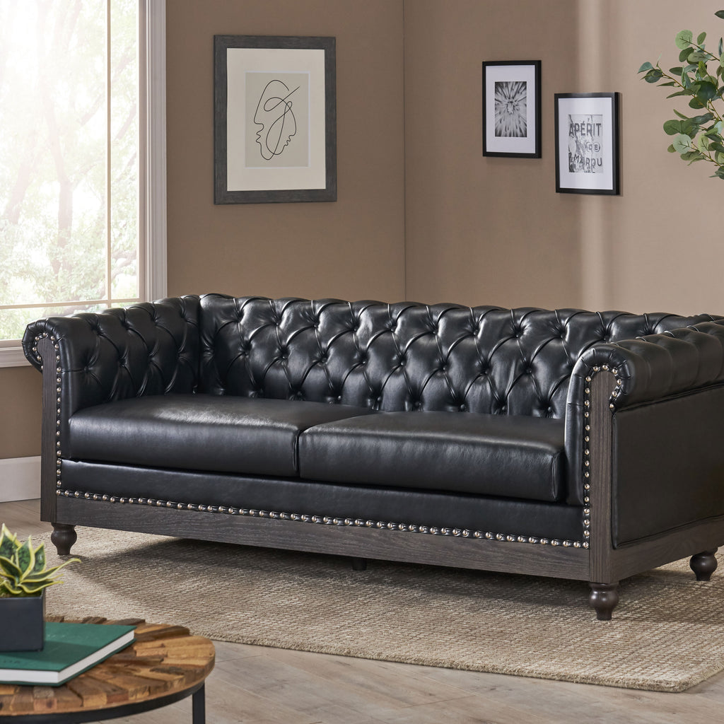 Castalia Chesterfield Tufted 3 Seater Sofa with Nailhead Trim, Midnight Black and Dark Brown Noble House