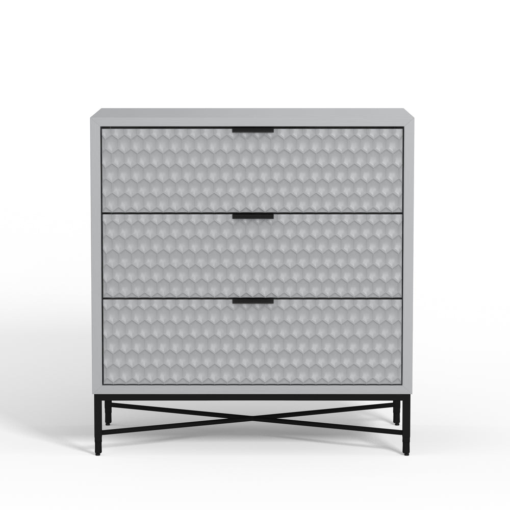 Milo 3-Drawer Chest in Light Slate Grey – Modern Design with Textured Fronts & Metal Base Elegance