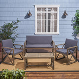 Andora Outdoor Acacia Wood 4 Piece Chat Set with Cushions, Brown and Dark Gray Noble House