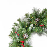 Noble House 24" Mixed Spruce Warm White LED Artificial Christmas Wreath with Glitter Branches, Red Berries, Pinecones