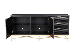 Black Pearl Media Console - Stylish Storage with Textured Fronts, Gold Accents & Mahogany Finish