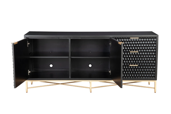 Black Pearl Media Console - Stylish Storage with Textured Fronts, Gold Accents & Mahogany Finish