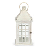 Hooven Coastal Handcrafted Small Mango Wood Decorative Lantern, Distressed White Noble House