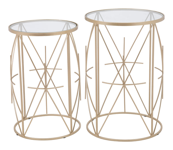 Zuo Modern Set Tempered Glass, Steel Modern Commercial Grade Side Table Set Gold, Clear Tempered Glass, Steel