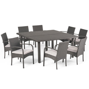 Chadney Outdoor 9 Piece Grey Wicker Square Dining Set with Grey Water Resistant Cushions Noble House