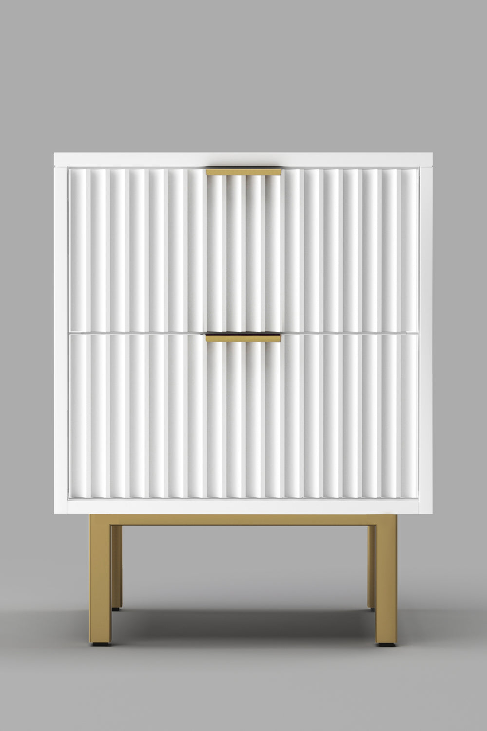 Casey Nightstand - Elegant White Mahogany with Gold Legs, Textured Drawers & Felt-Lined Top Drawer