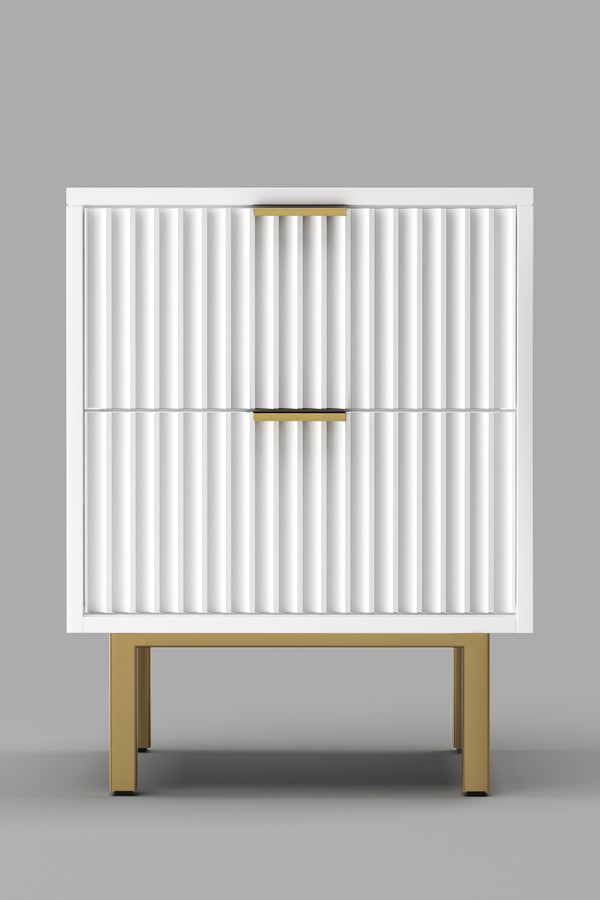 Casey Nightstand - Elegant White Mahogany with Gold Legs, Textured Drawers & Felt-Lined Top Drawer