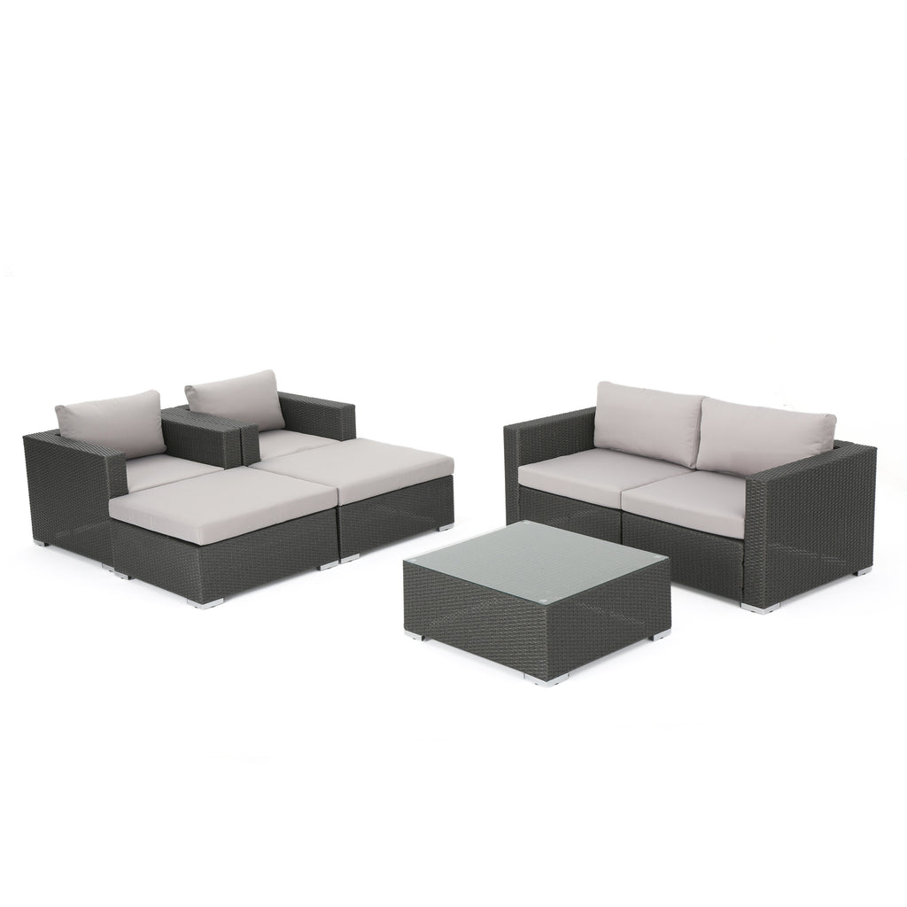 Santa Rosa Outdoor 4 Seater Grey Wicker Chat Set with Aluminum Frame and Silver Water Resistant Cushions Noble House