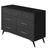 Alpine Furniture Flynn Mid Century Modern 7 Drawer Dresser, Black 966BLK-03 Black Mahogany Solids & Okoume Veneer 56 x 19 x 36.5