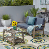 Grenada Loveseat and Coffee Table Set for Patio, Acacia Wood, Gray Finish with Dark Gray Outdoor Cushions Noble House