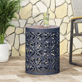 Castana Outdoor Lace Cut Side Table with Tile Top, Dark Blue and Multi-Color Noble House