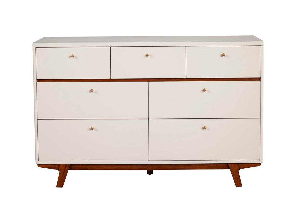 Alpine Furniture Dakota 7 Drawer Dresser 1974-03 White with Acorn Accents Mahogany Solids & Veneer 56 x 18 x 36