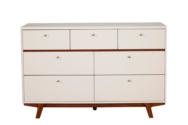 Alpine Furniture Dakota 7 Drawer Dresser 1974-03 White with Acorn Accents Mahogany Solids & Veneer 56 x 18 x 36
