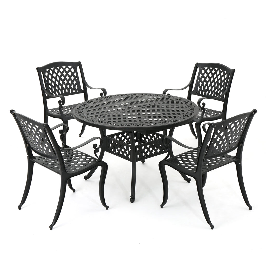 Carysfort Outdoor 5 Piece Black Sand Finished Aluminum Dining Set with Expandable Dining Table Noble House
