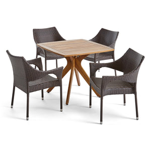 Tioman Outdoor 5 Piece Wood and Wicker Dining Set, Teak and Multi Brown Noble House