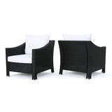 Antibes Outdoor Black Wicker Club Chairs with White Water Resistant Cushions Noble House