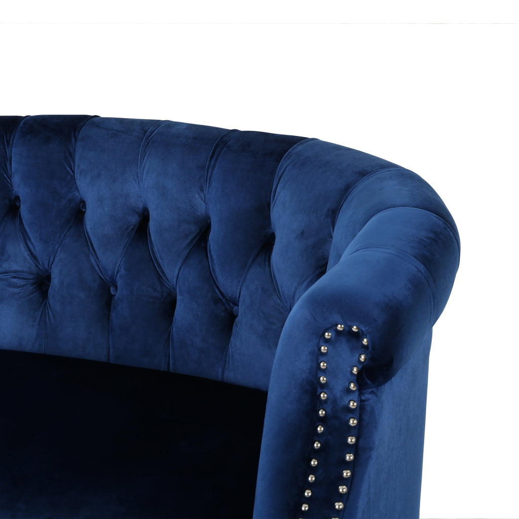 Milani Tufted Chesterfield Velvet Loveseat with Scrolled Arms, Navy Blue and Dark Brown Noble House