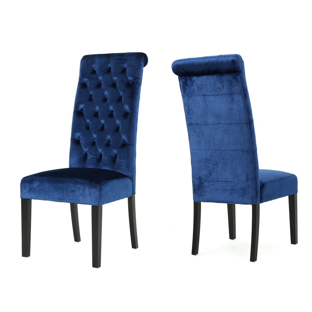 Noble House Leorah Tall Back Tufted  Navy Blue Velvet Dining Chair (Set of 2)