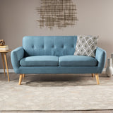 Josephine Mid-Century Modern Tufted Fabric Upholstered Sofa, Blue and Natural Oak