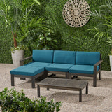 Santa Ana Outdoor 3 Seater Acacia Wood Sofa Sectional with Cushions, Dark Gray and Dark Teal Noble House