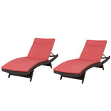 Salem Outdoor Brown Wicker Adjustable Chaise Lounge with Red Colored Cushions Noble House