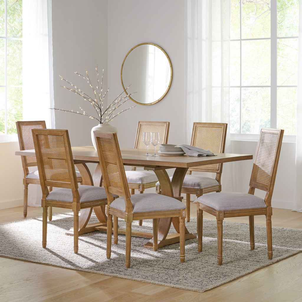 Noble House Regina French Country Wood and Cane 7-Piece Expandable Dining Set, Light Gray and Natural